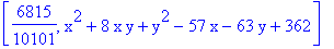 [6815/10101, x^2+8*x*y+y^2-57*x-63*y+362]